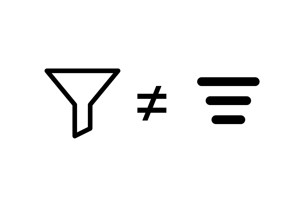 A funnel shaped icon that is not equal to an icon made up of three lines starting large at the top and smaller at the bottom.