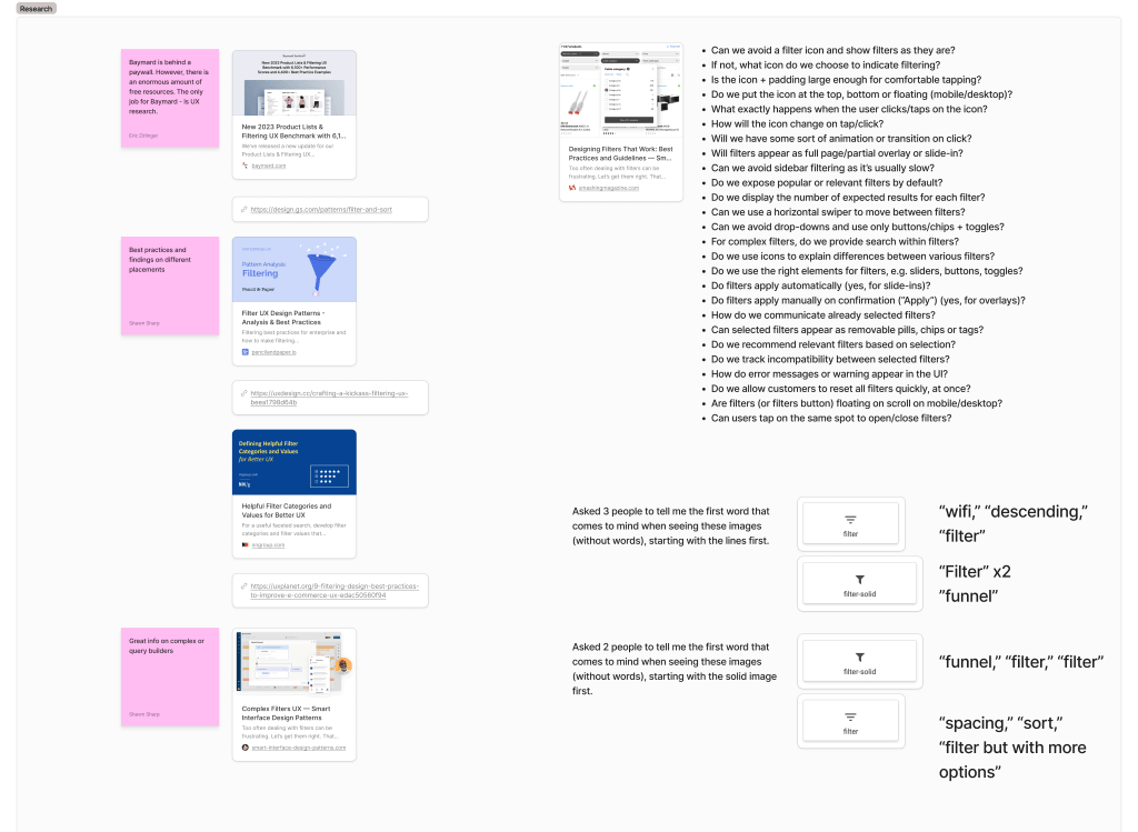 Artboard of sticky notes of research, best practices, and insights about filtering.