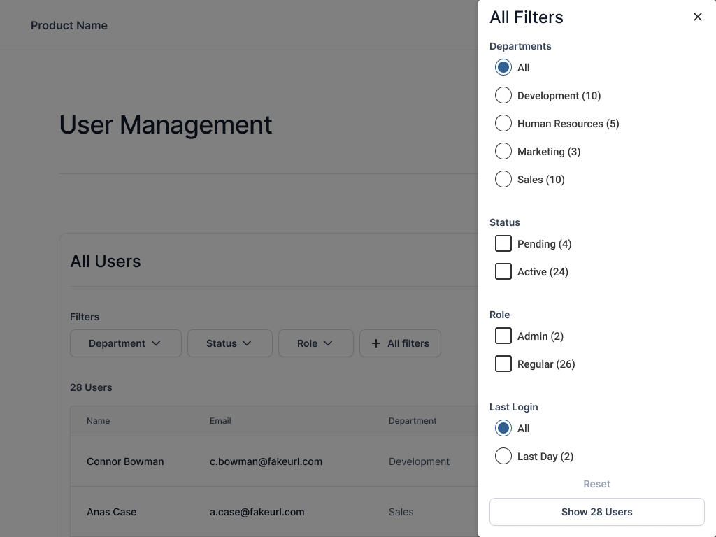 Black and white version with simple visual design of the filtering component and pattern with the filter drawer open over a filtered user management view.