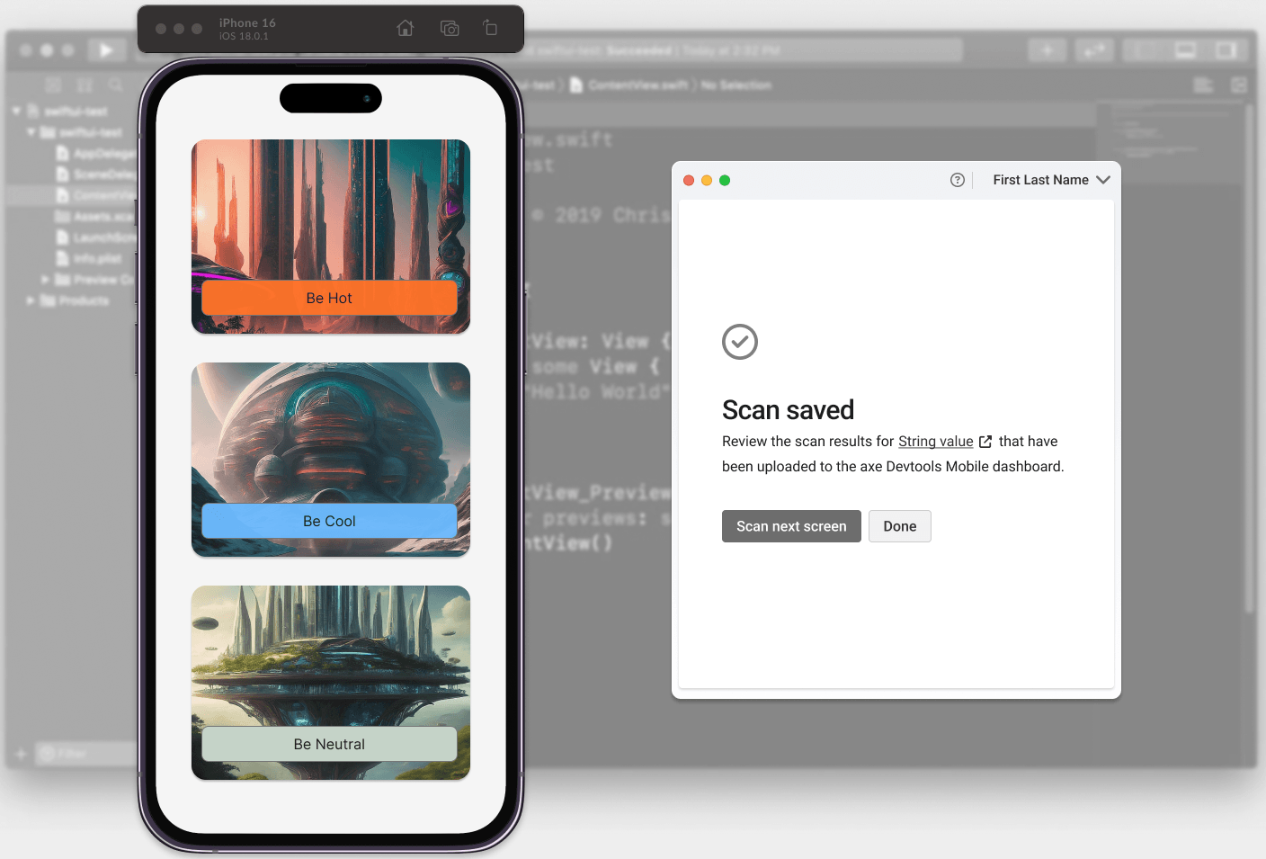 Developer IDE in the background of a simulated iOS device and the accessibility testing tool.