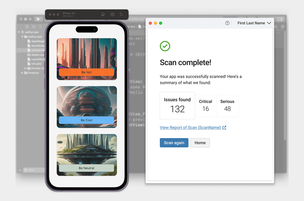 Developer IDE in the background of a simulated iOS device and the accessibility testing tool.